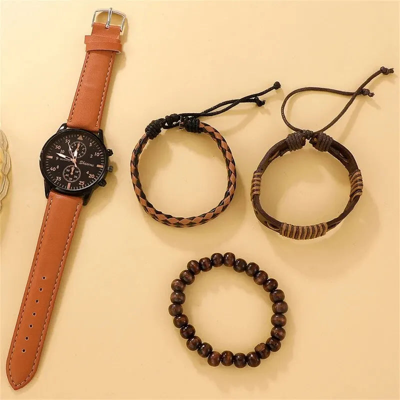 Nuevo conjunto de reloj de pulsera de lujo para hombre, moda de negocios, relojes de cuarzo de cuero marrón para hombre, regalo Relogio Masculino