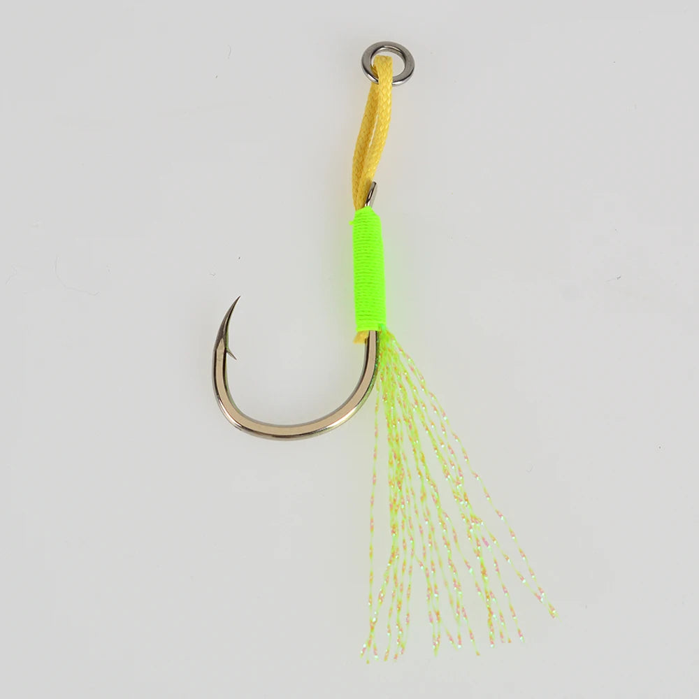 TOLU 10 pièces crochets d'assistance de queue de gabarit en métal 13-22 #   Avec ligne PE plume anneau solide gabarits uv hameçon pour 10-120g leurre crochets de pêche