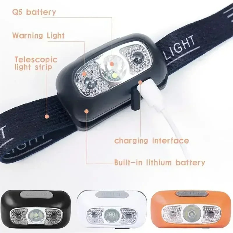 Lampe frontale puissante à LED portable avec capteur, rechargeable par USB, lampe torche frontale pour camping, pêche, lanterne d'urgence