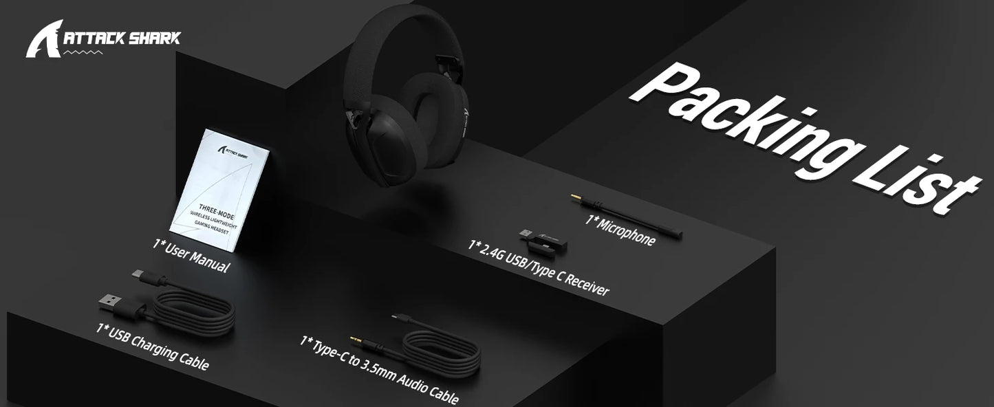 ATTACK SHARK L80 – Casque gaming ultra-léger 180g, Bluetooth/2.4G/filaire, son stéréo 5.1 canaux