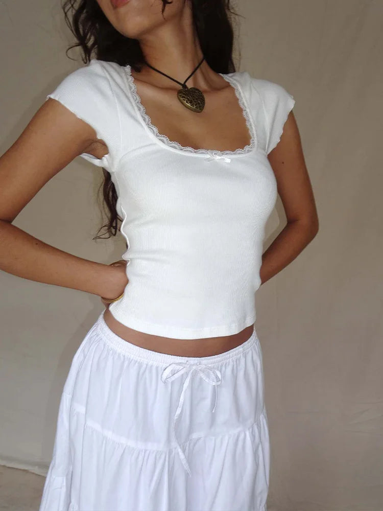 Camiseta vintage Y2k para bebé, camiseta de punto con ribete de encaje, cuello cuadrado, manga corta, para verano, color blanco, estilo milkmaid