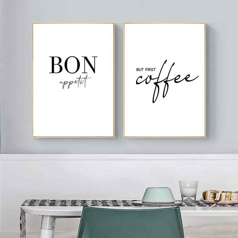 Decoración artística de pared de cocina, pero el primer cartel de café, estampado de "Bon Appétit", pintura en lienzo de arte mural en blanco y negro para comedor, decoración del hogar