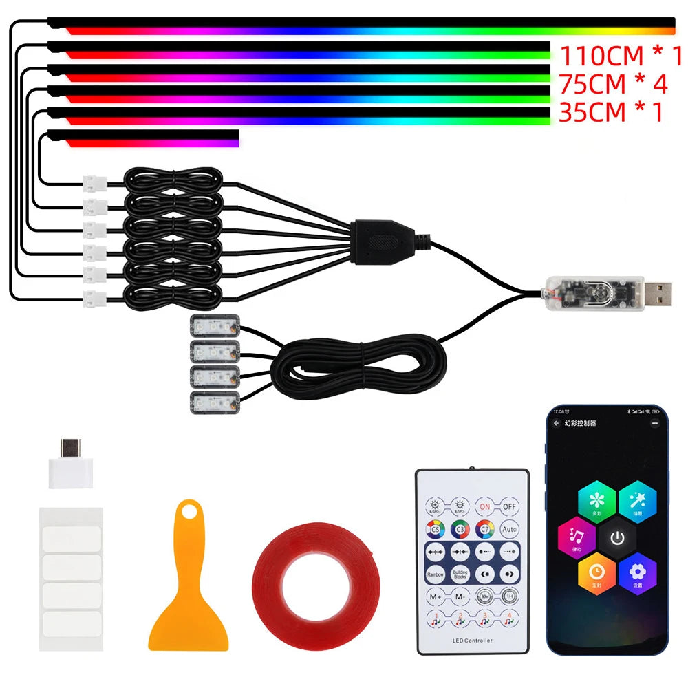 Lumières d'ambiance Led 18 en 1 pour voiture, symphonie, application Bluetooth, banderole de couleur RGB 214, bande acrylique ar