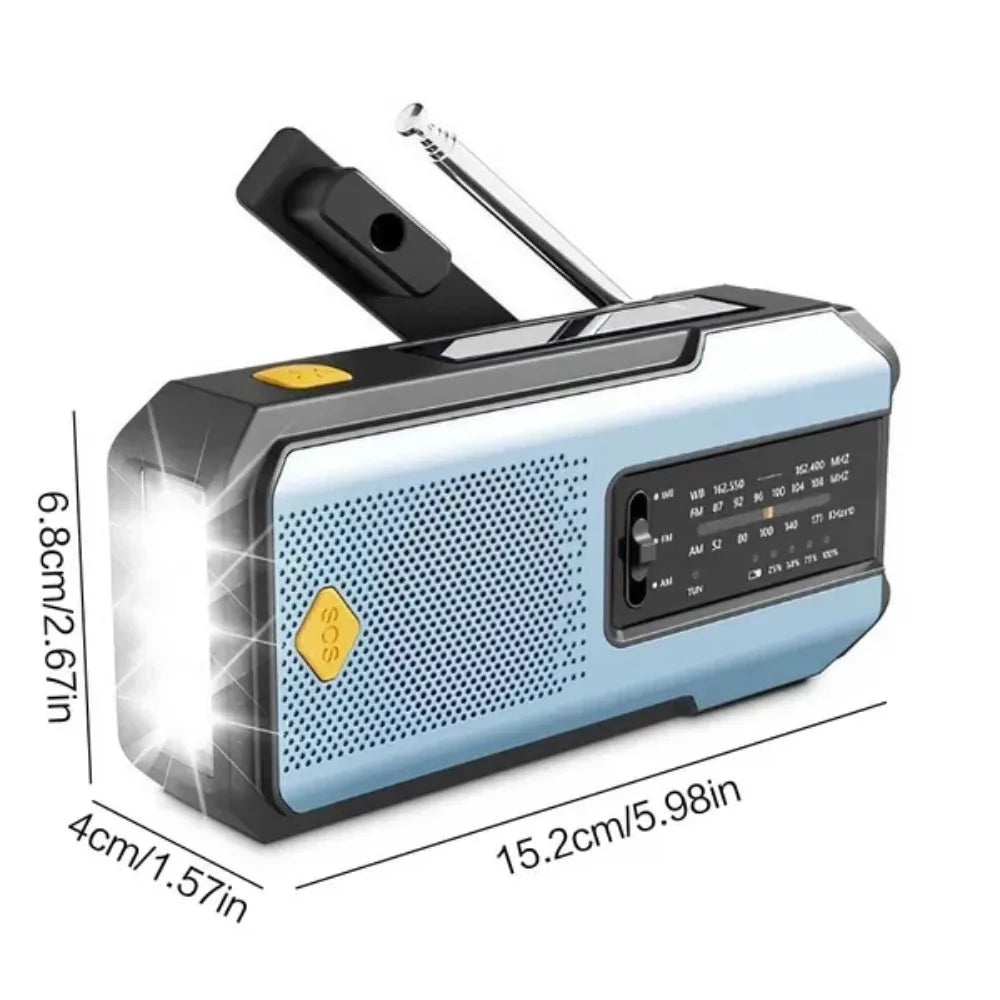Radio météo d'urgence multifonctionnelle, FM AM WB, manivelle, charge USB solaire, batterie externe 2000mAh, lampe torche LED