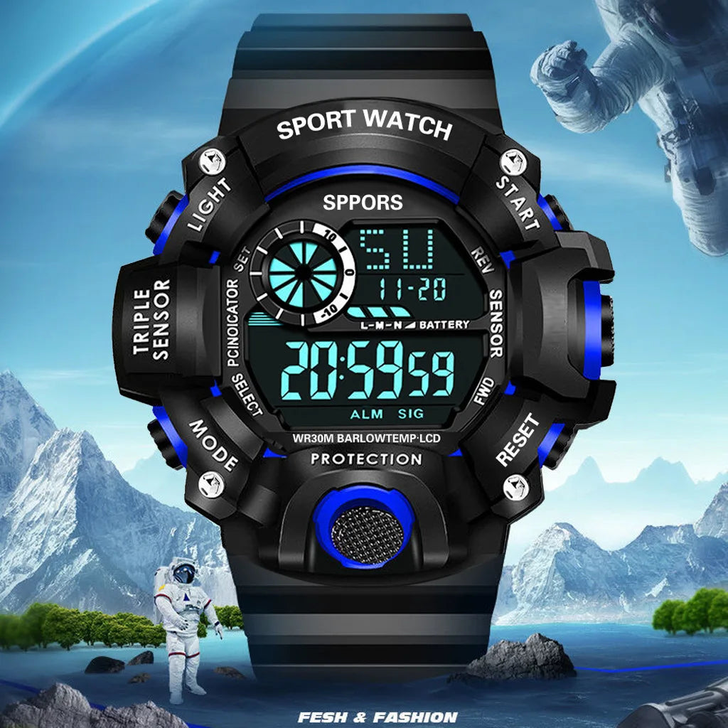Reloj de pulsera deportivo electrónico de moda para hombre, esfera grande multifuncional impermeable, alarma luminosa, reloj militar para niños y hombres