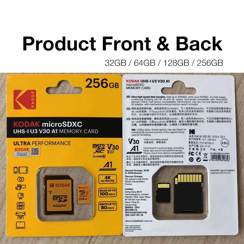 Original Kodak U3 A1 V30 MicroSD 128GB 32GB 64GB 256GB classe 10 cartes 32 64 128 256GB carte mémoire de téléphone vidéo