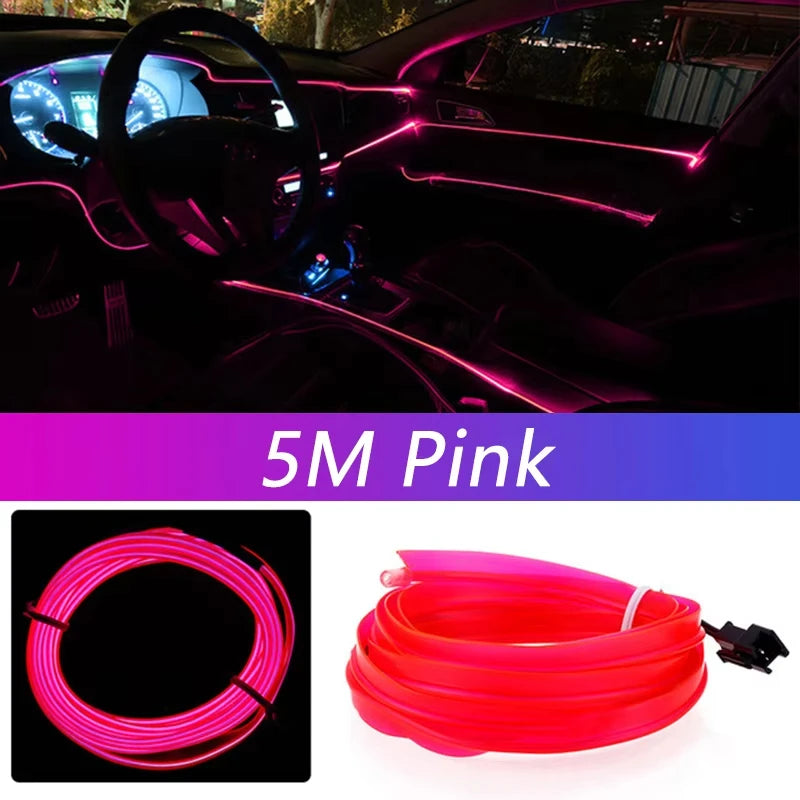 Car Interior LED Strip Light Neon EL Wire Auto Decorative Lamp DIY Flexible Ambient Light USB Party Stops Diode 5m