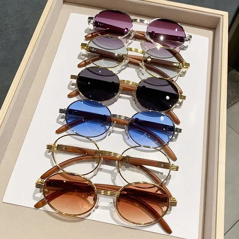 Gafas de sol ovaladas de madera para hombre y mujer, gafas de sol vintage, gafas de sol de lujo, gafas de diseño, moda
