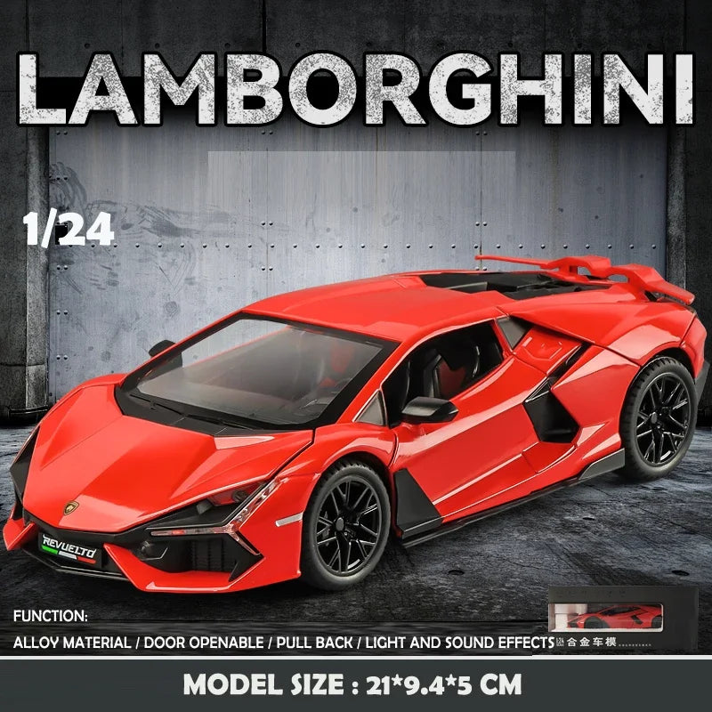Simulation Car Lamborghini Revuelto, collectible model with sound and light, ideal as a birthday gift for a boy, 1/24