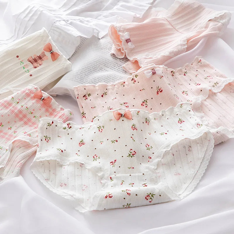 Culottes Coton Doux Nœud Dentelle Femme — Lot de 5 Pièces