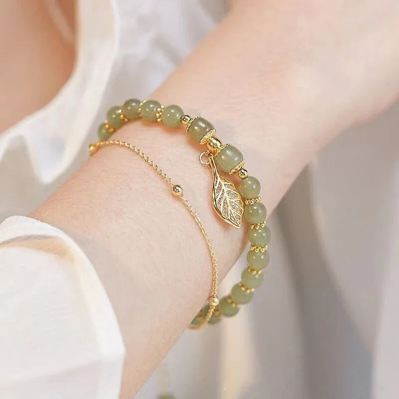 Chinese Style Green Jade Bracelet for Women, Exquisite Gold Color, Leaves, Double Chain Bracelet, Gifts for Girls