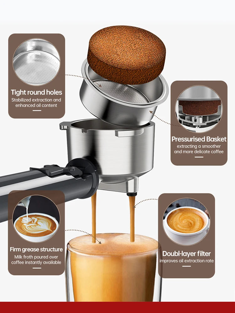 Cafelffe-Espresso Machine for Cappuccino, Semi-Automatic Stainless Steel Coffee Maker, ESE Pod, Powder Steam, Hot, Cold