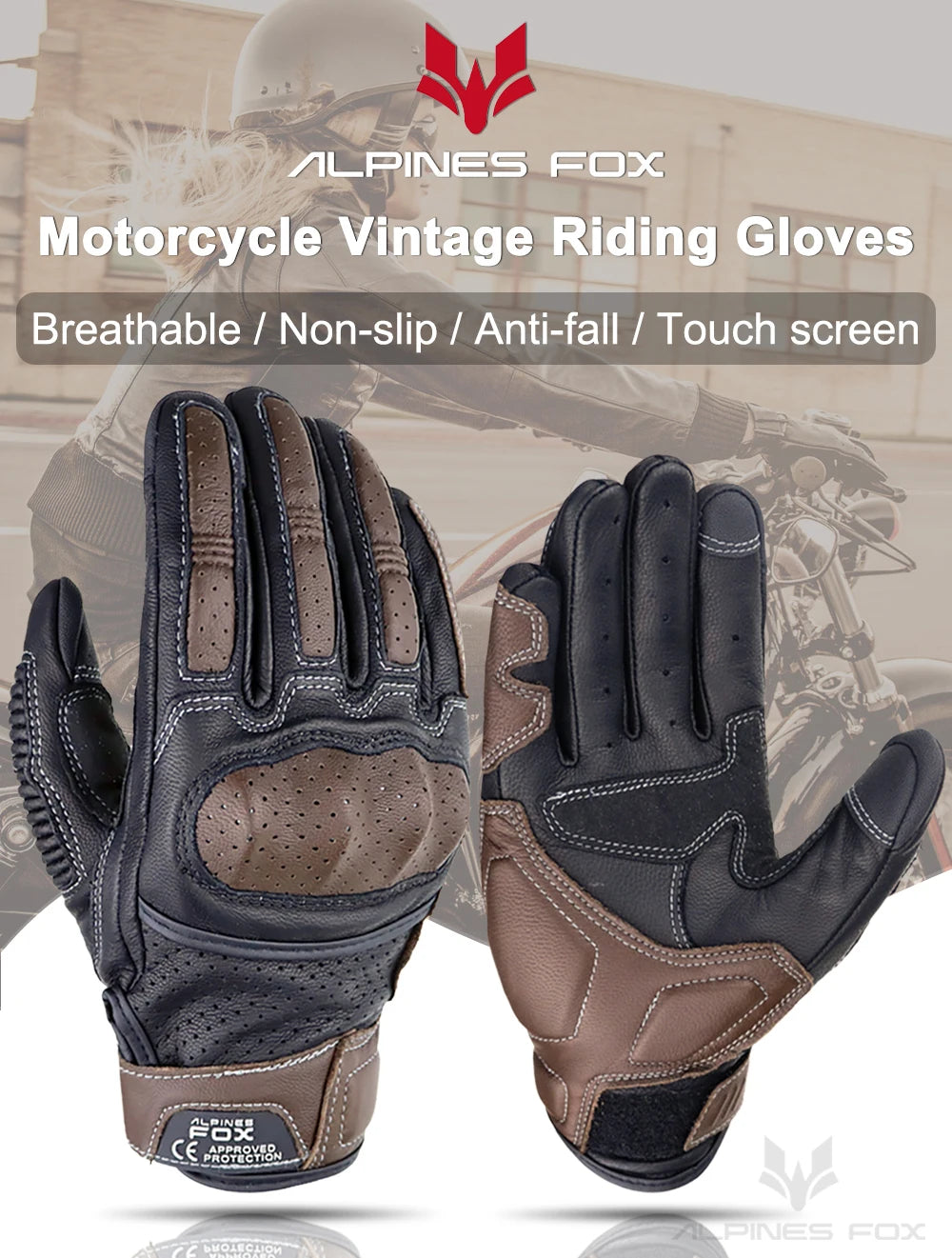 Gants moto en cuir marron vintage pour homme — certification CE, écran tactile, motocross, course