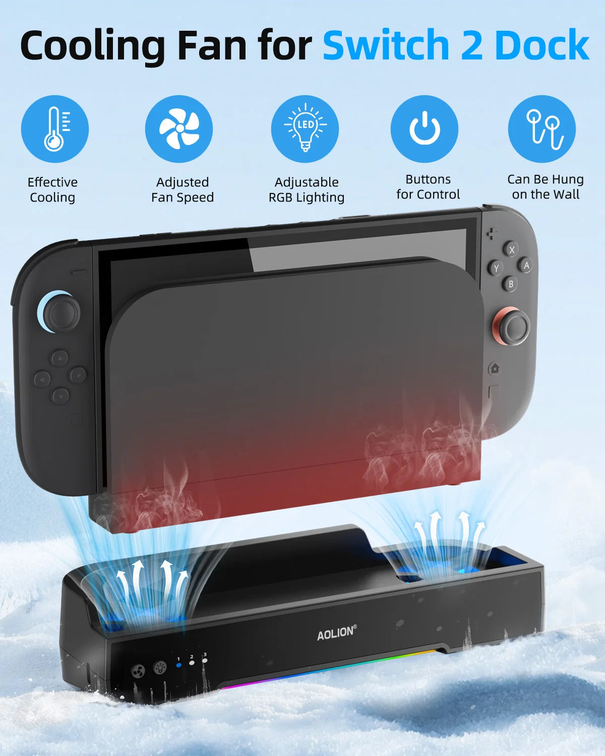 Aolion para Switch 2 Base RGB Ventilador de refrigeración HUB portátil Base de expansión Soporte de pared con NGC para accesorios de Switch 2