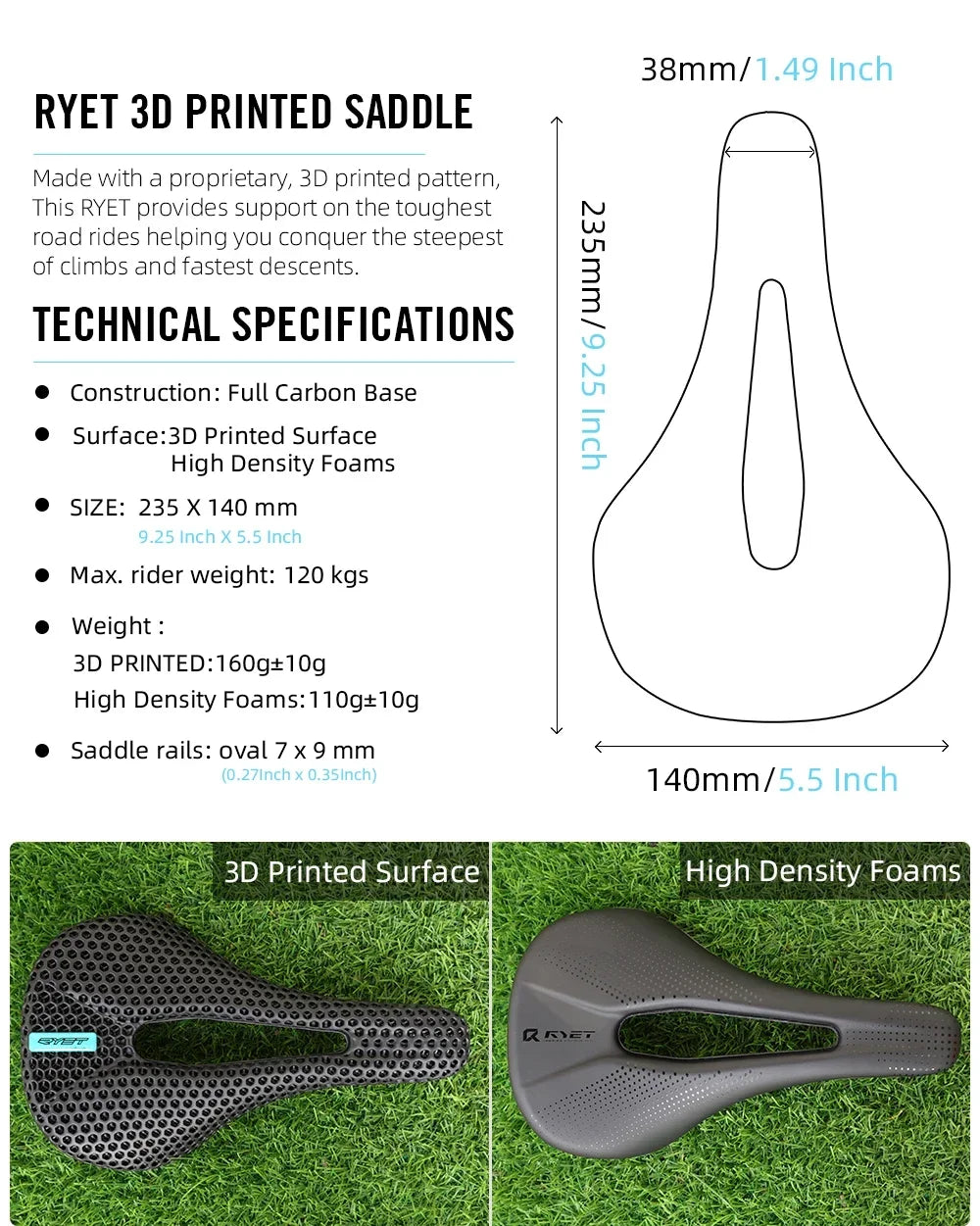 Selle vélo carbone 3D imprimée 140mm — rail rond, super légère, route, VTT, course