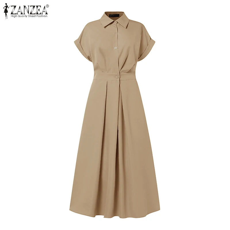 Femmes été OL Robe de travail ZANZEA élégant à manches courtes bureau Robe d'été décontracté solide une ligne boutons vacances robes caftan Robe