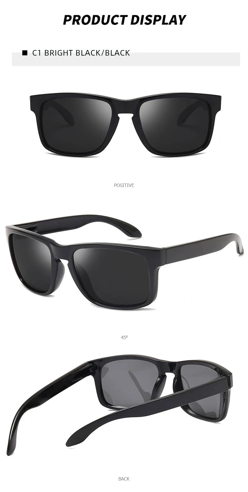 Lunettes de soleil polarisées carrées classiques pour hommes et femmes, Vintage, en plastique, élégantes, noires, pour Sports de plein air, UV400