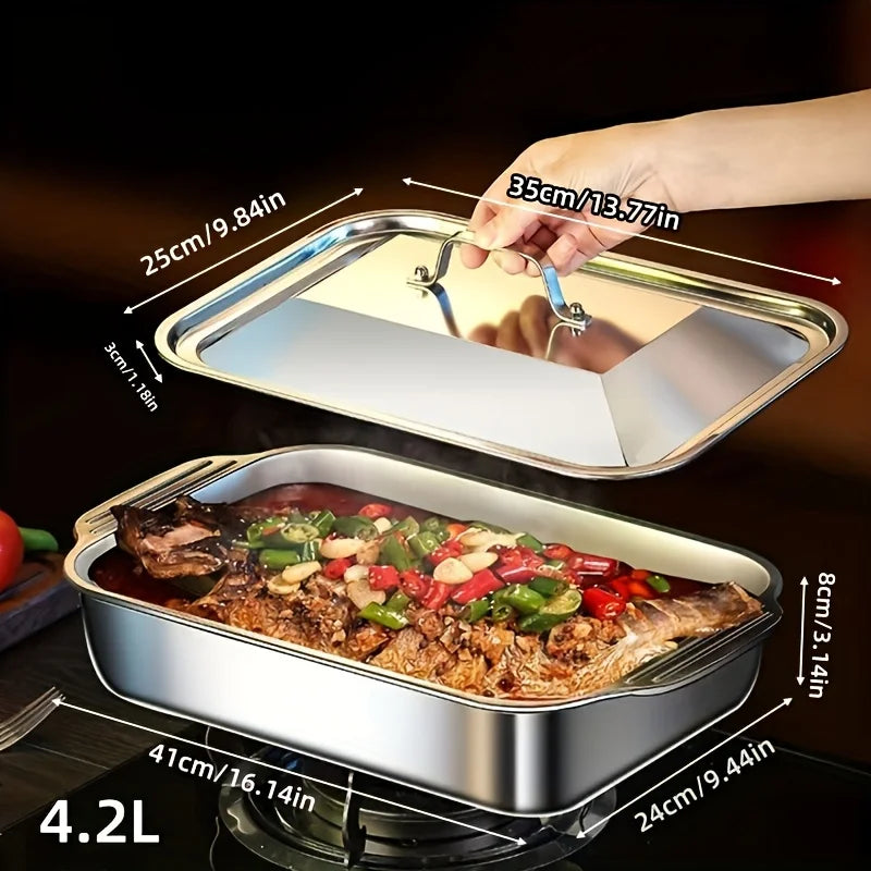 Ensemble de poêles de cuisson en acier inoxydable, 4 pièces, avec couvercles, plat profond de 16 pouces x 9 pouces pour poisson/pâtes/four à griller et ustensiles de cuisine lavables au lave-vaisselle, 4,2 l