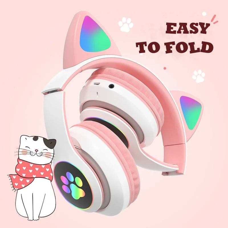 Auriculares estéreo Bluetooth 5.0 con orejas de gato y luz LED, compatibles con tarjeta TF y micrófono, inalámbricos, para niños y niñas, regalo de cumpleaños