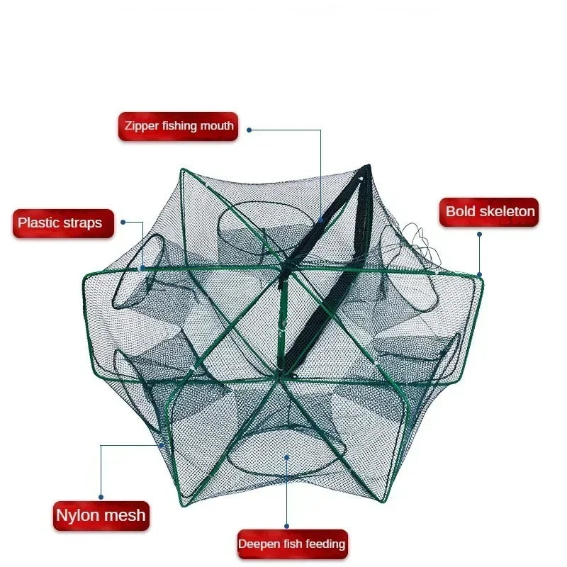 Red de pesca de malla plegada hexagonal octogonal, 8 agujeros, redes de pesca de mano, redes de lanzado, cangrejos de río, camarones, trampa para depósito, jaula, herramienta de malla