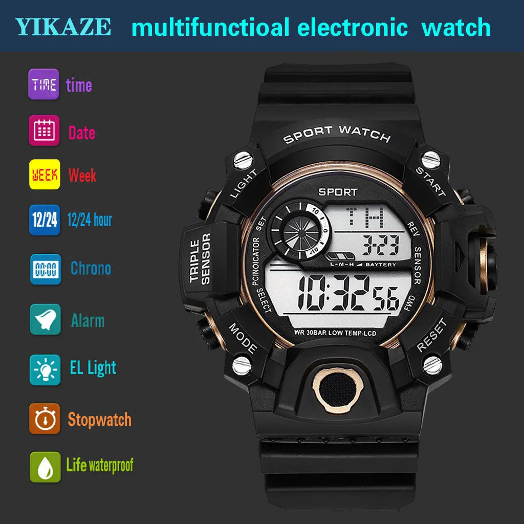 Reloj de pulsera deportivo electrónico de moda para hombre, esfera grande multifuncional impermeable, alarma luminosa, reloj militar para niños y hombres