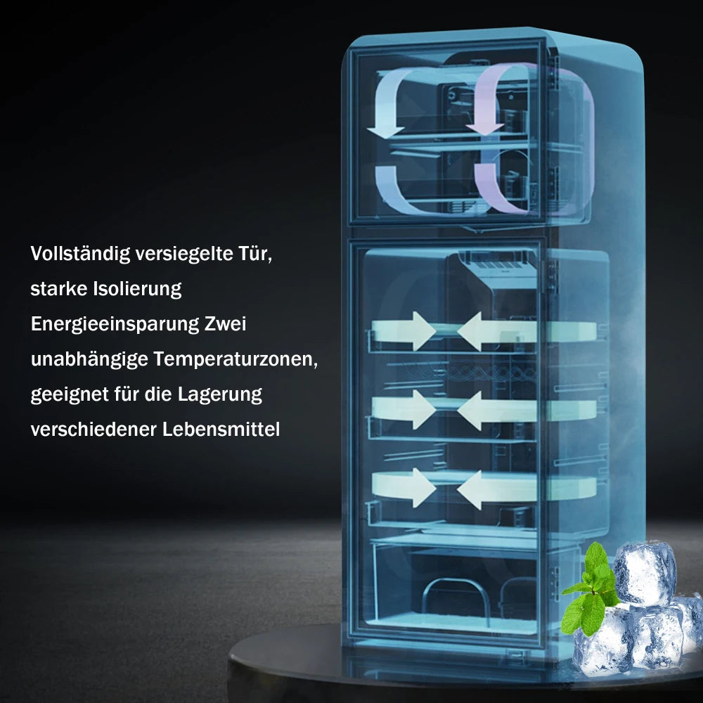 Combinaison réfrigérateur-congélateur rétro 45,5 cm de large, 2 portes 60 litres de volume total, volume de congélateur 22 litres. 102 KWh/année,