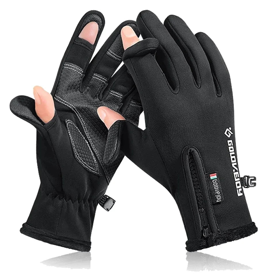 Gants de pêche imperméables d'hiver, 2 doigts, coupe-vent, pour femmes et hommes, Protection chaude en velours, gants de pêche au poisson