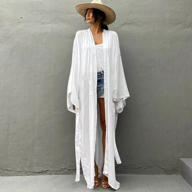 Robe de Plage Longue avec Ceinture pour Femme, Kimono Sexy, Cardigan d'Été, 5 Couleurs Unies