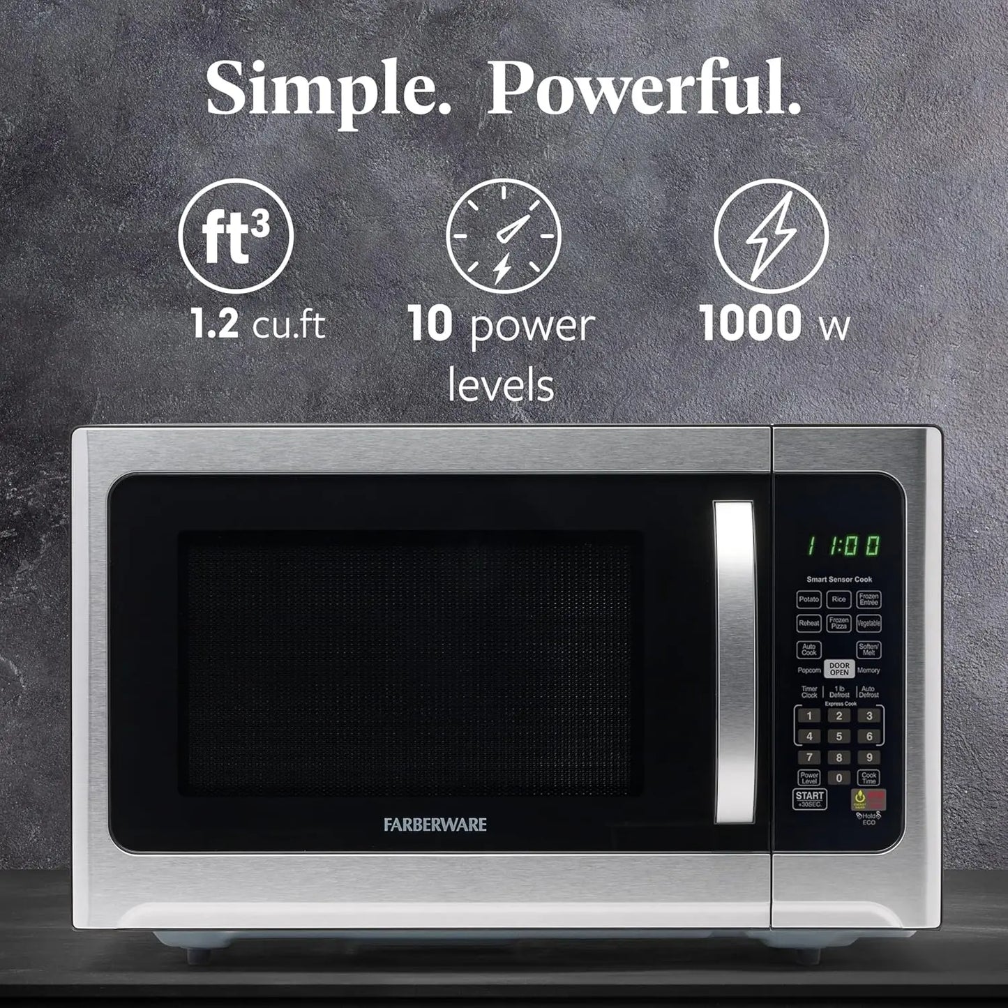 1,2 Cu. Four à micro-ondes de comptoir – 1000 Watts de puissance, réglages de cuisson automatiques intelligents, dégivrage, nettoyage facile et protection enfant