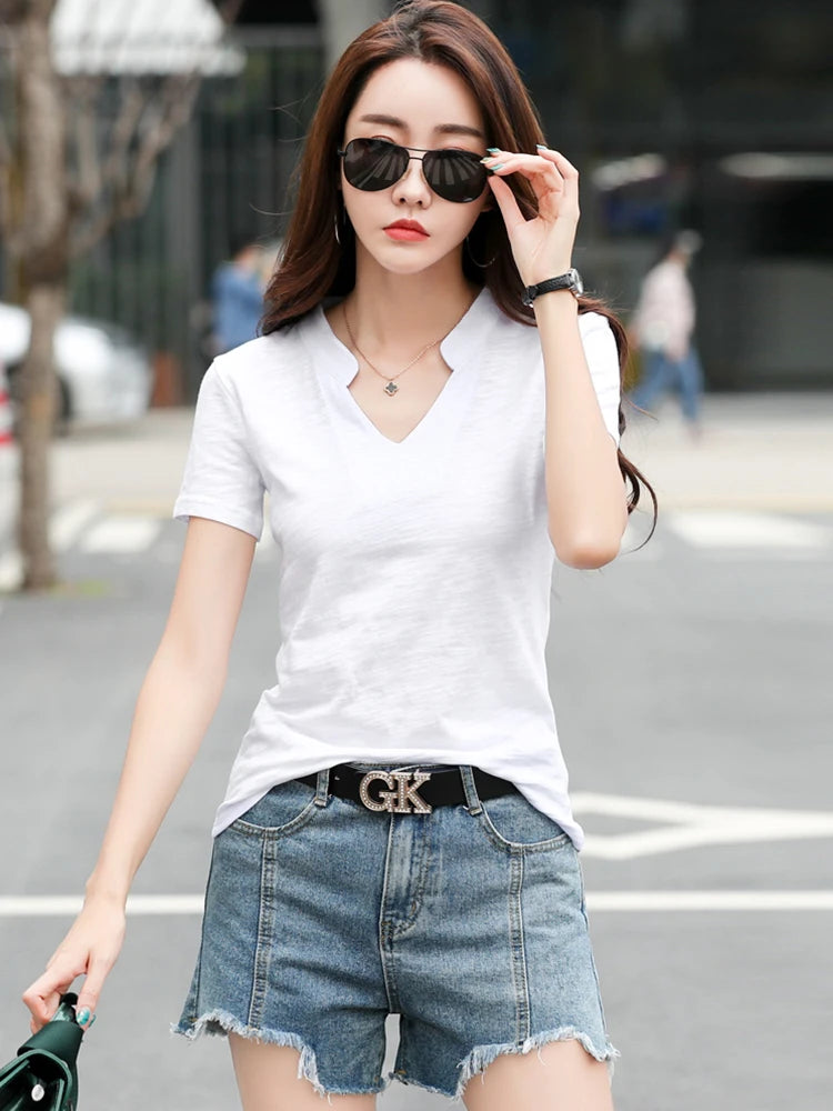 T-shirt en coton et bambou pour femme, col en V, doux, basique, classique, mode, tailles S-3XL, collection été 2026