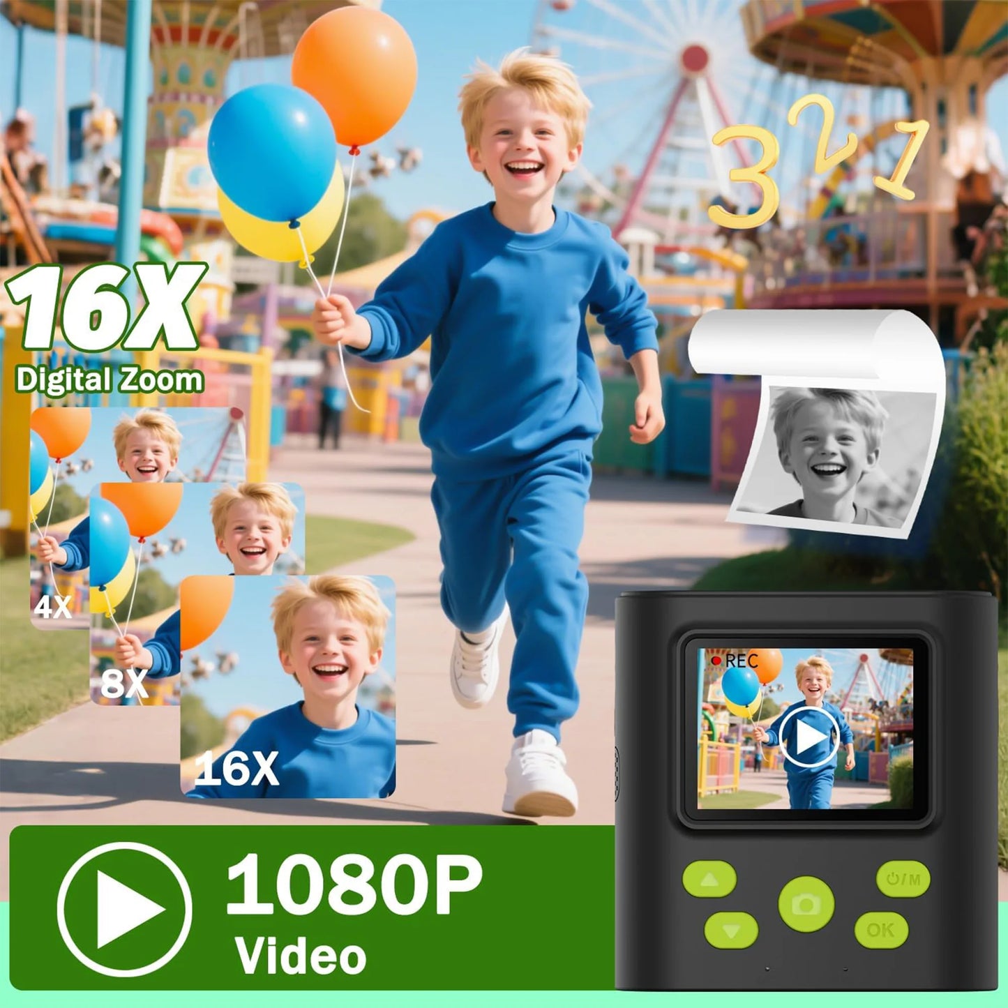 INOCTI Kids Print Camera, Digital Camera for Toddlers, Three Print Papers and 32G Card, for Girls & Boys, Christmas Birthday Gifts