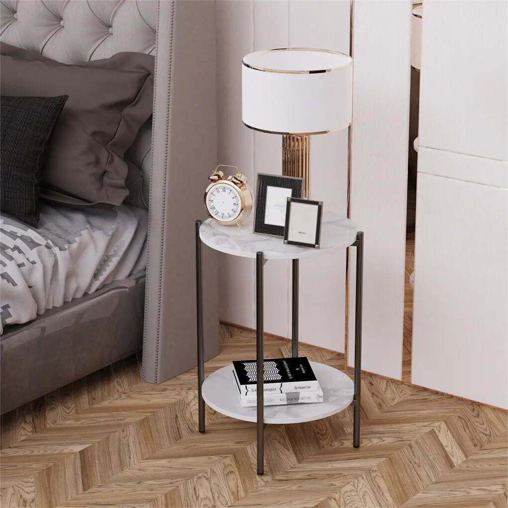 LUVODI Mesas auxiliares redondas de 2 niveles para sofá, soporte para plantas con estante de almacenamiento, estructura de metal para sala de estar y dormitorio