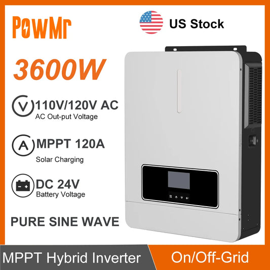 3600W 24V DC to 100/110/120V AC Hybrid Solar Inverter with 120A MPPT Solar Charger Controller Max PV 500Vdc Suitable for LifePo4 Battery