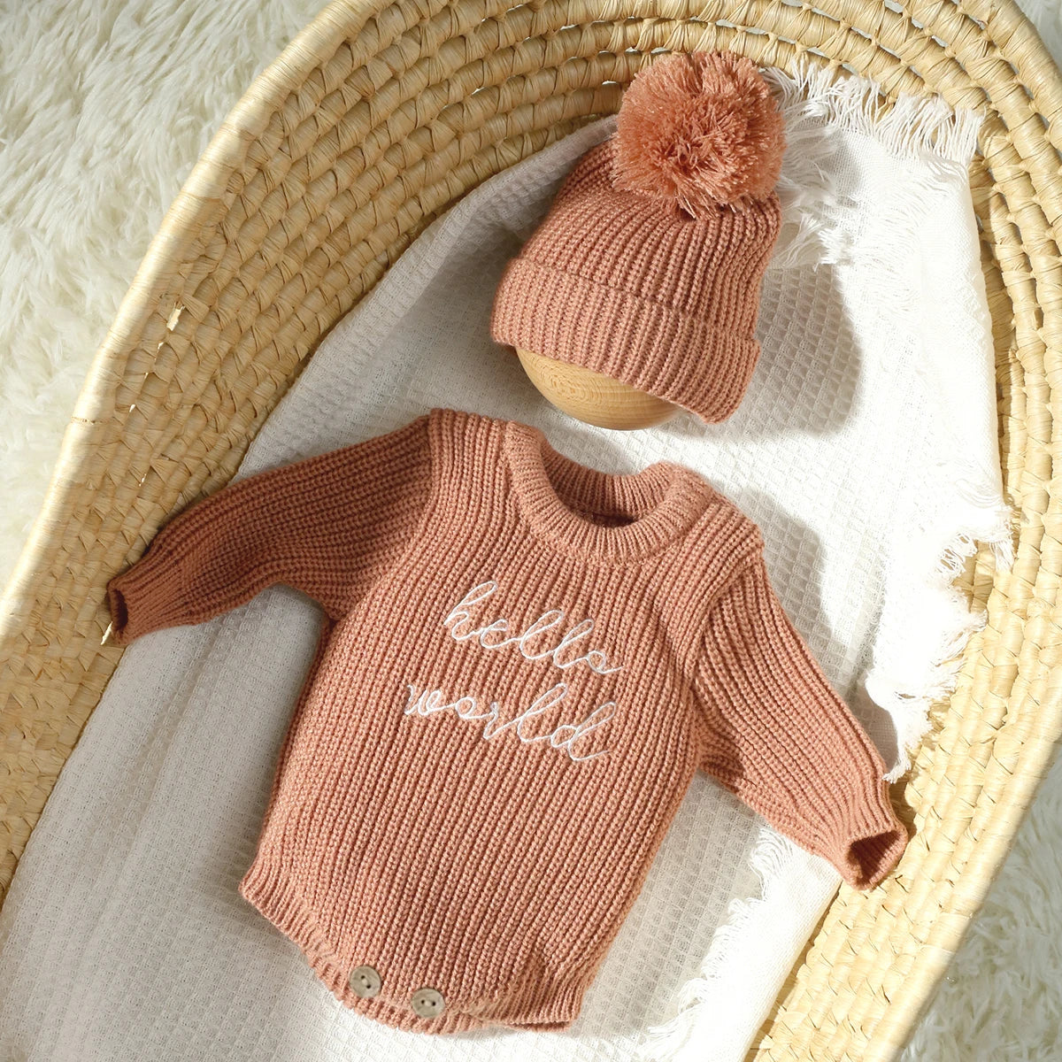 Barboteuse tricotée pour nouveau-né photographie — chapeau à pompon, pull bébé, séance photo HD (v3)