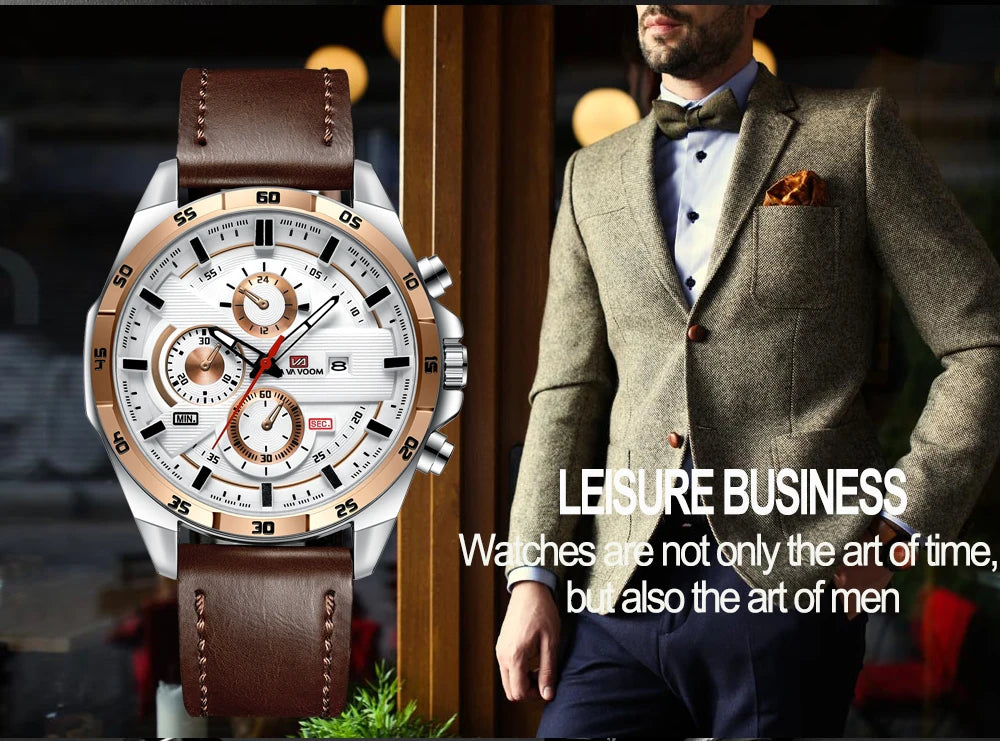 Montres de sport pour hommes, série de course de mode, 46mm, horloge en cuir noir VA VA VOOM, mouvement à Quartz 3Bar, montre-bracelet étanche pour hommes