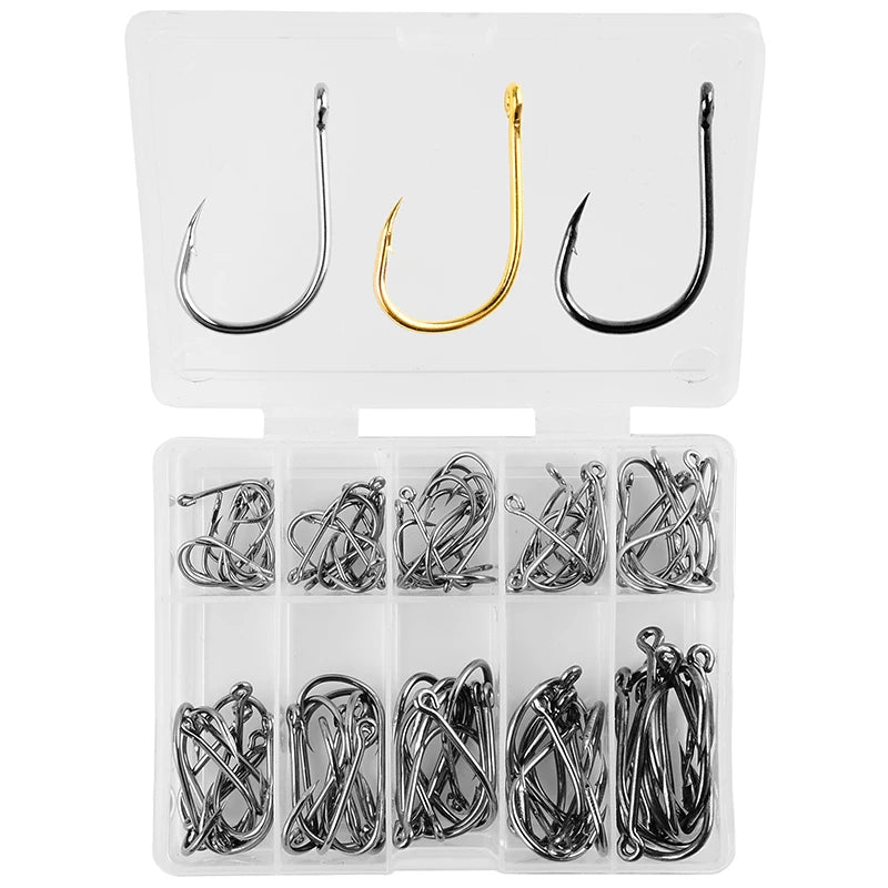 Ensemble d'Hameçons Pêche 100 Pièces — Acier Haute Teneur Carbone, Cercle Barbelé, Carpe, Mouche