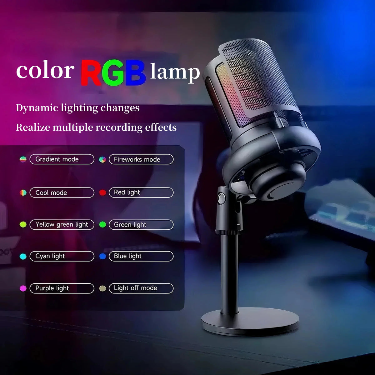 Microphone USB Professionnel à Condensateur RGB — Enregistrement, Gaming, Streaming Direct