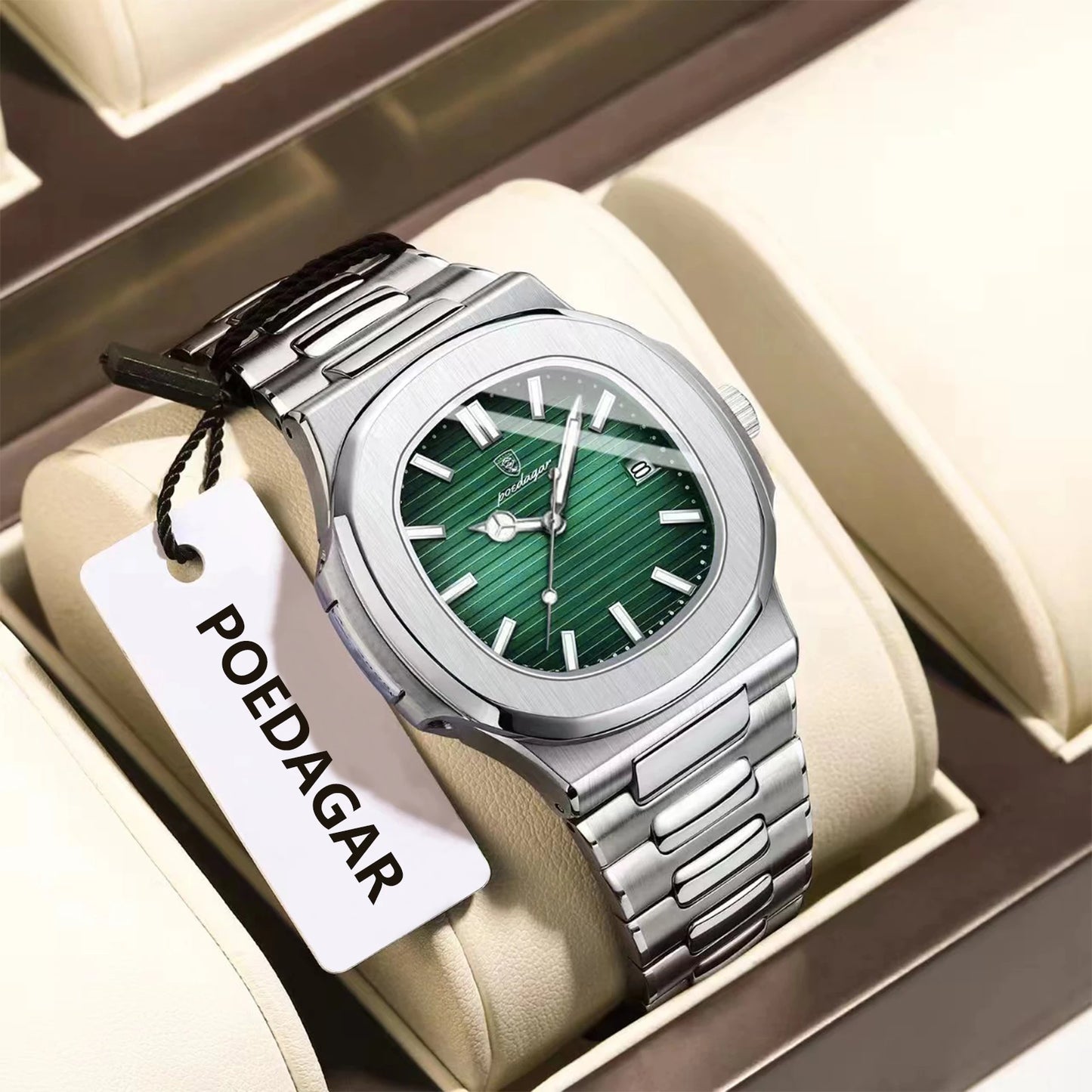 POEDAGAR - Reloj de pulsera cuadrado de moda para hombre, luminoso, impermeable, de acero inoxidable, reloj de cuarzo para hombre, de negocios, Reloj