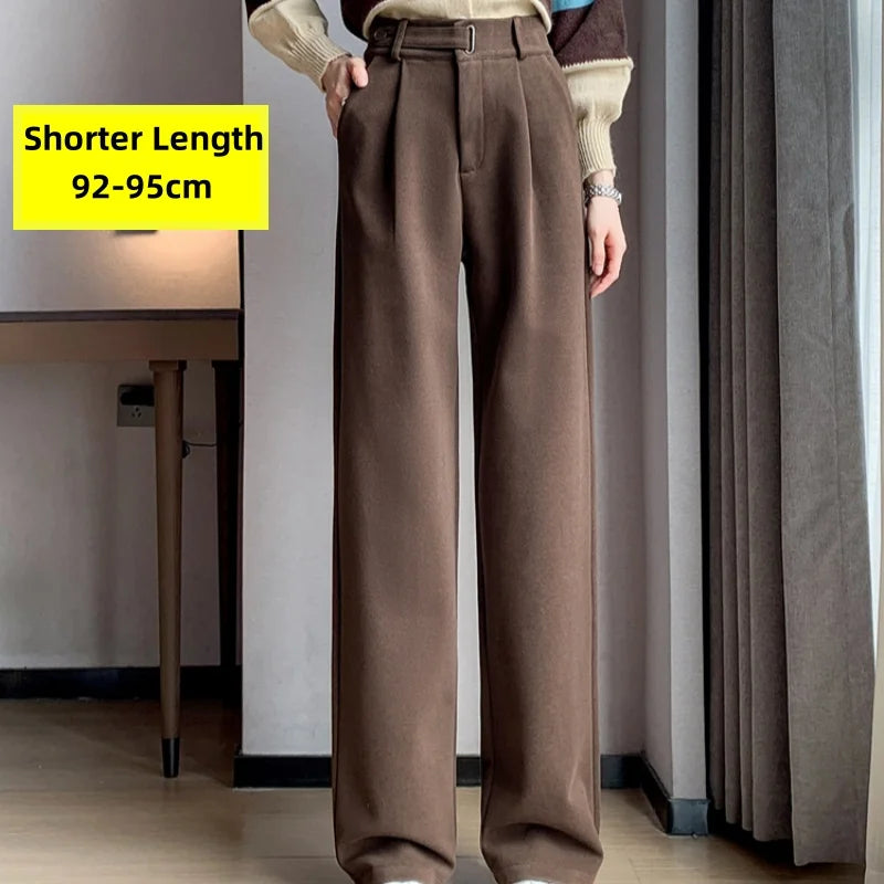 Pantalon en laine épais à jambe large pour femmes — décontracté, taille haute, bouton, chic, automne-hiver 2025