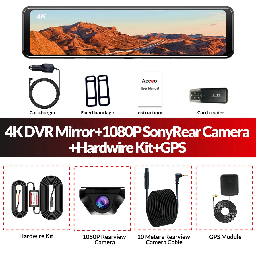 Dashcam 4K WiFi GPS 12" Tactile IPS — Rétroviseur Caméra Recul Enregistreur