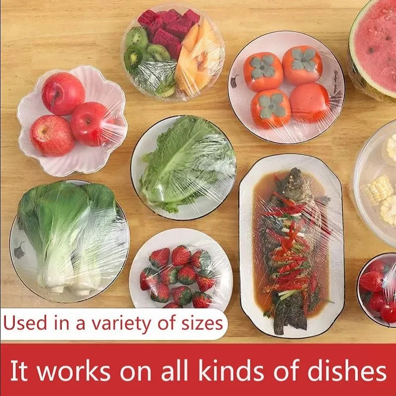 Tapa de comida desechable, 50 unidades, embalaje de plástico, bolsas de plástico para frutas y verduras de grado alimenticio, bolsas de plástico elásticas, organizador de cocina