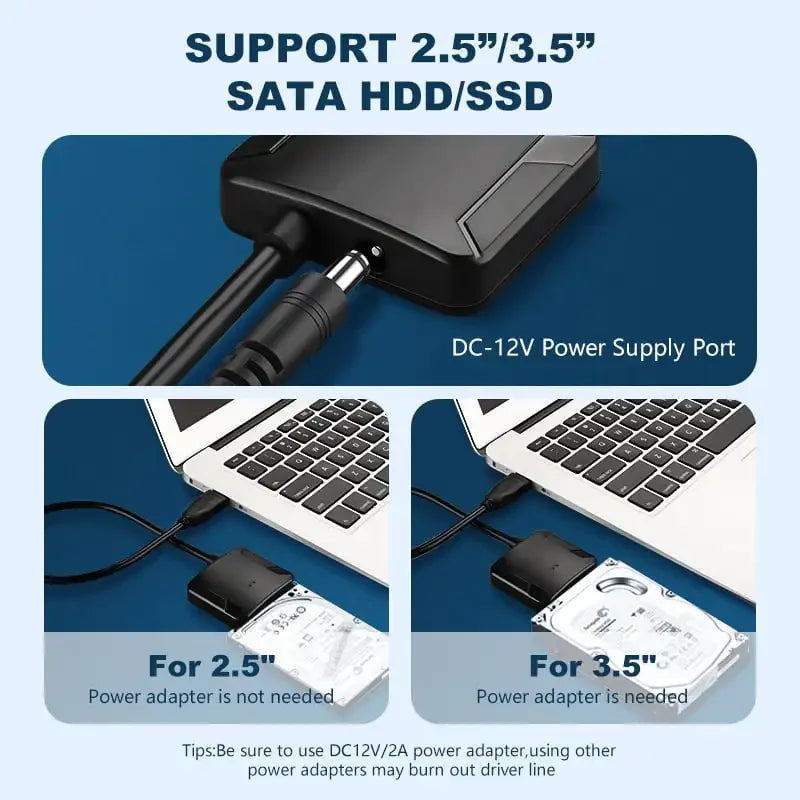 Câble adaptateur SATA vers USB 3.0 pour disque dur SSD HDD SATA III 2.5/3.5 pouces, convertisseur de disque dur, prise en charge UASP avec adaptateur d'alimentation 12V