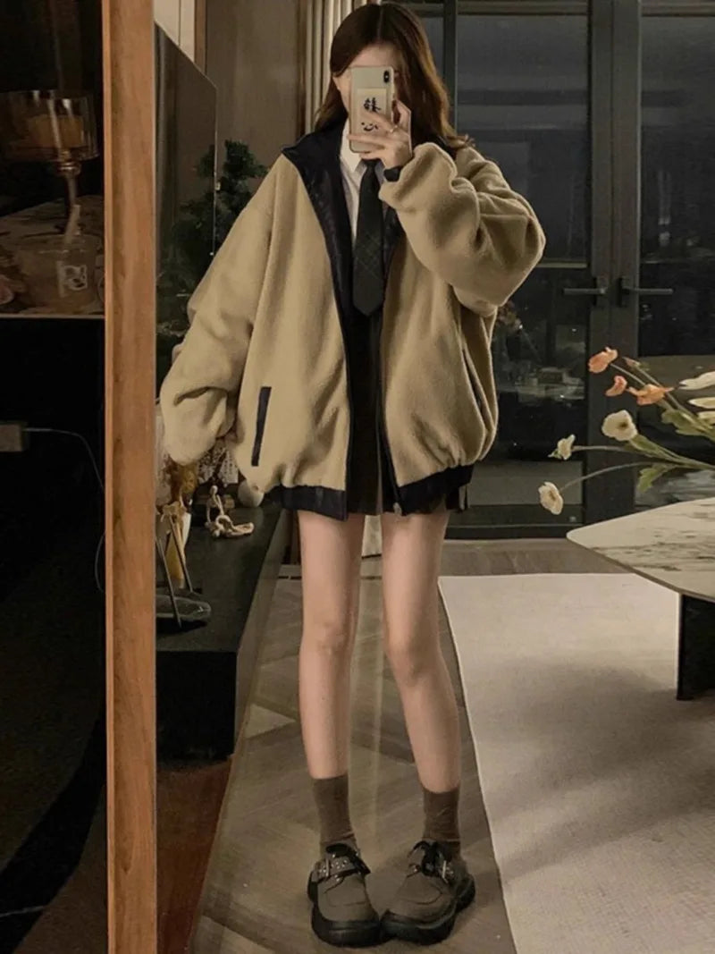 Maillard mode veste en cuir PU avec manteau en laine d'agneau des deux côtés femme Y2K hiver nouvelle Locomotive en velours veste rembourrée en coton