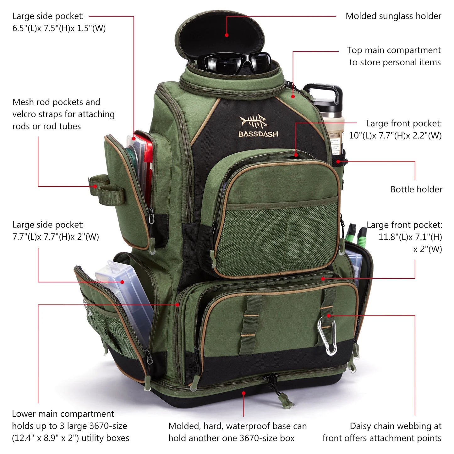 Bassdash Multifonctionnel De Pêche Sac À Dos Léger Tactique Doux S'attaquer Boîte avec Housse De Protection Pluie