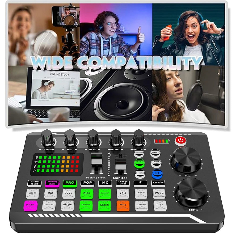F998 — Kit Studio Podcast Complet Carte Son, Microphone & Mélangeur