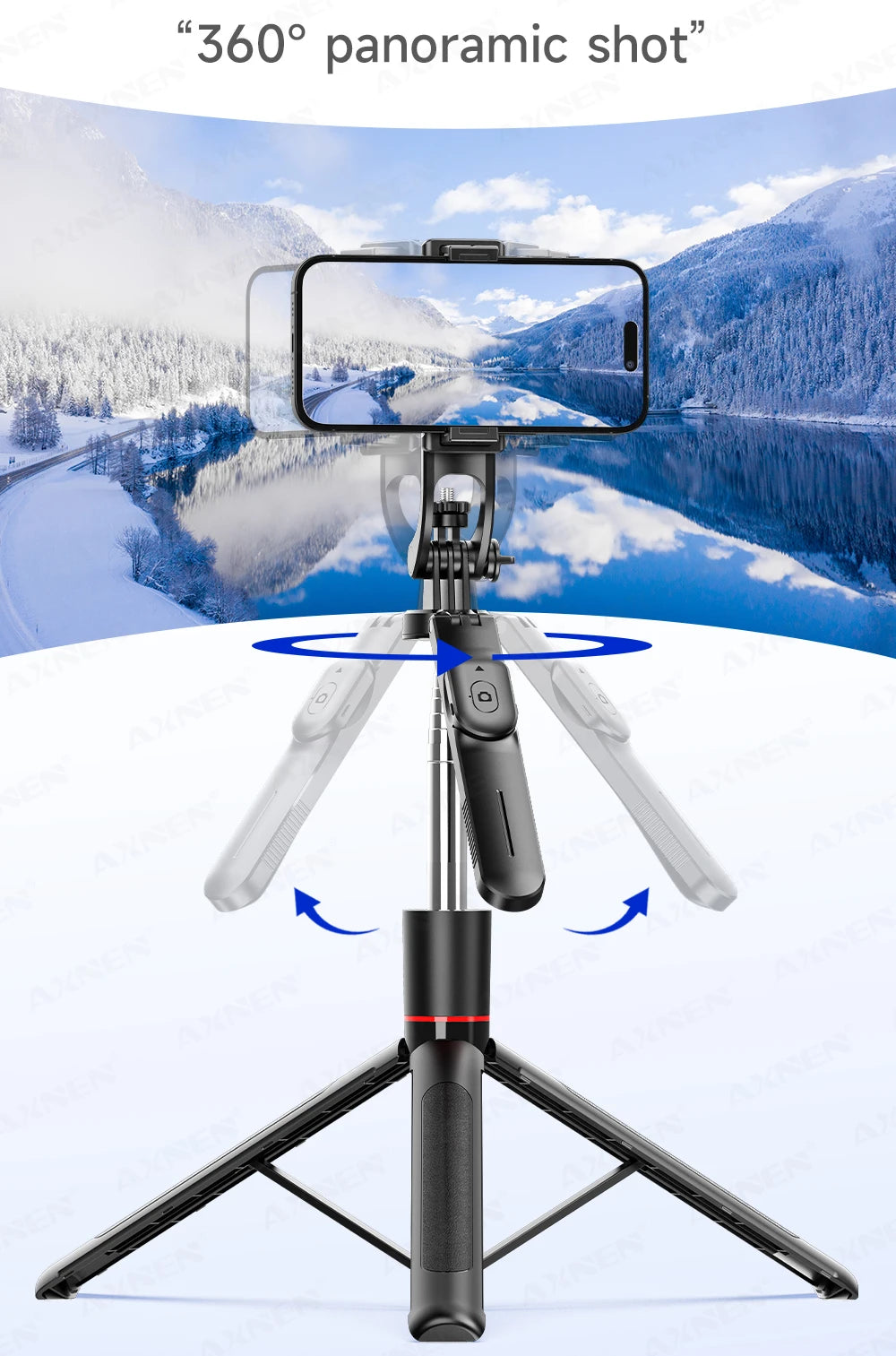 Perche à selfie trépied 1708mm avec télécommande Bluetooth — rotation 360°, interface 1/4", lumière optionnelle