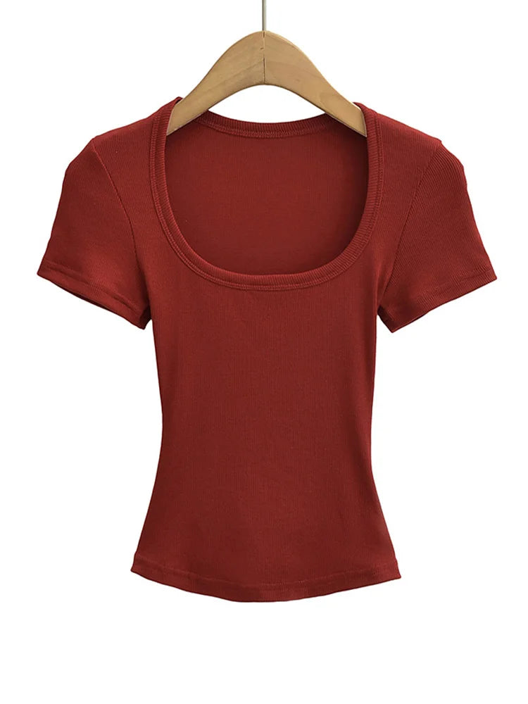 Haut Court Col Carré Femme — Coupe Cintrée, Extensible, Manches Courtes, Sexy Été