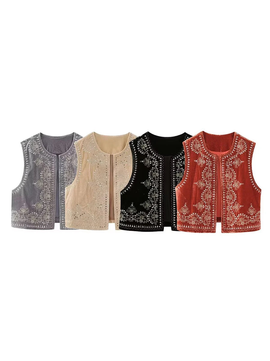 Chaleco bordado negro Vintage con estampado Floral para mujer, sin mangas, frente abierto, corto, versátil, ropa de abrigo y2k, cárdigan Boho corto