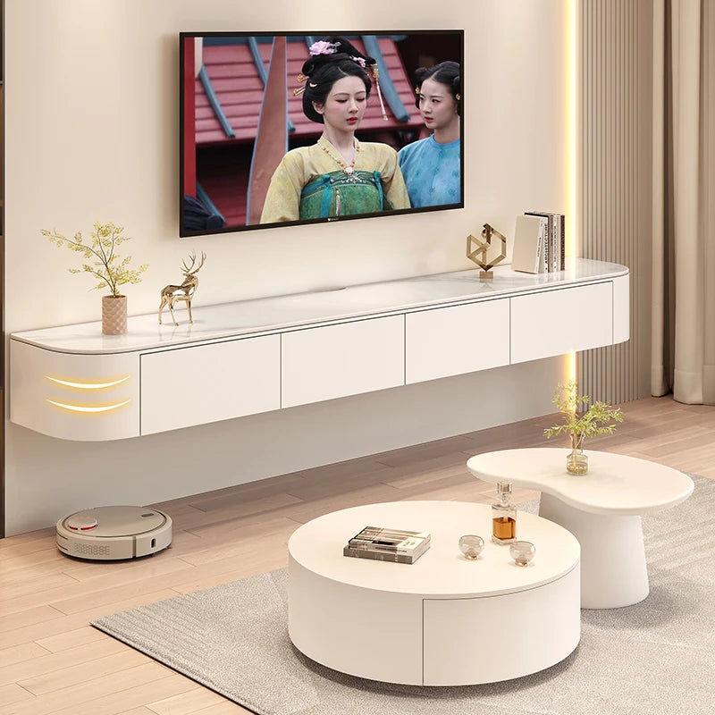 Meuble TV nordique tendance flottant avec tiroirs — salon