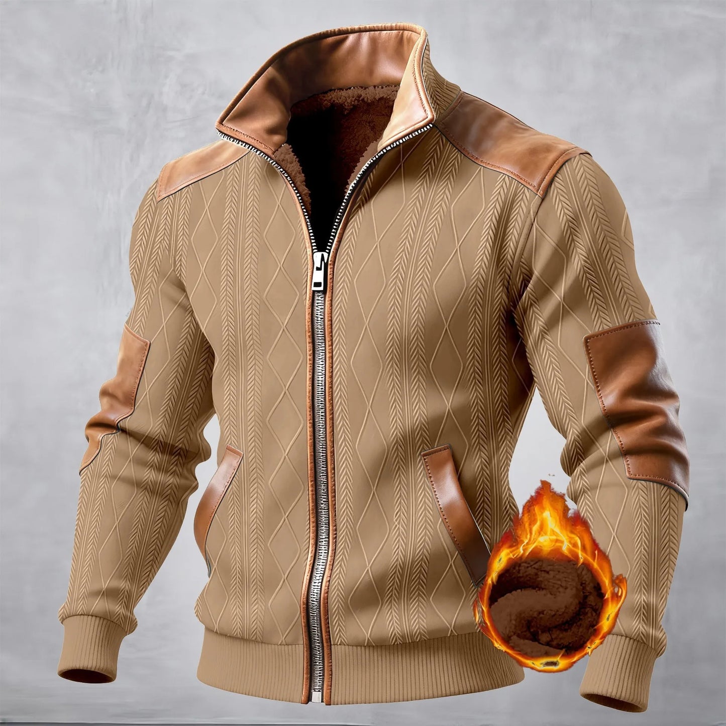 Chaqueta casual para hombre, textura texturizada, patchwork jacquard, moda, cuello alto, cálida y cómoda, invierno